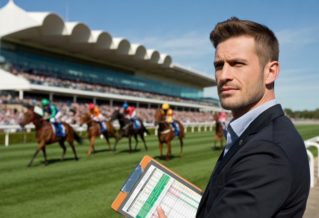 A man holding a clipboard stands near a horse racetrack with racehorses and jockeys in the background.