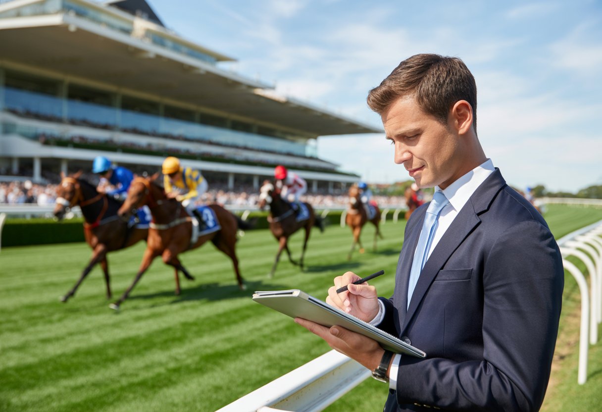 A man holding a notebook stands at a horse racing track while horses race in the background.